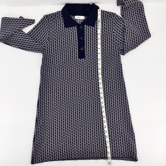 Zara Knit | Navy Blue White | Z Print Jacquard Long Sleeve Dress Size Me… - Picture 3 of 7